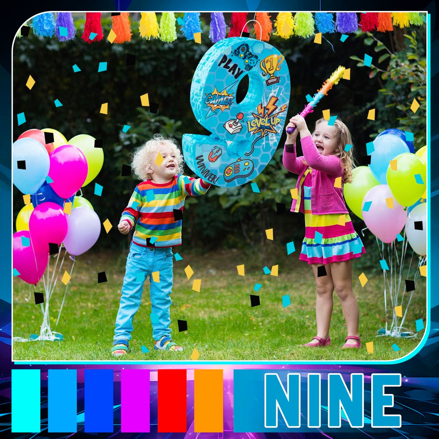 Simgoing Number 9 Video Game Controller Pinata - 16.5 Inch Gaming Theme Party Supplies for 9th Birthday Decorations With Confett