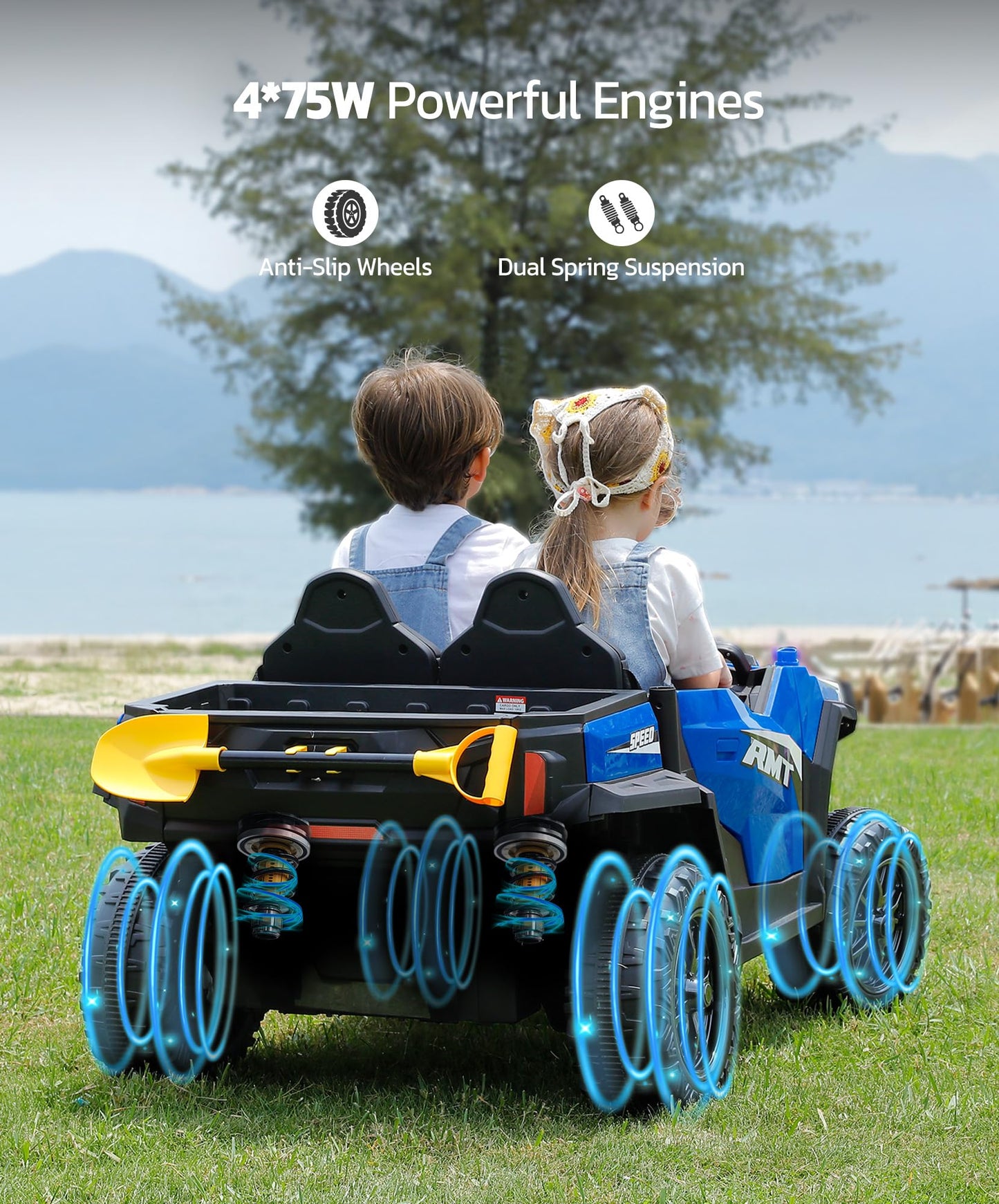 ELEMARA Ride On Dump Truck w/Dump Bed and Shovel, Ride on UTV 2 Seater w/Sun Shade, Max 4.0MPH & 150lbs,12V 10AH Kids Electric V