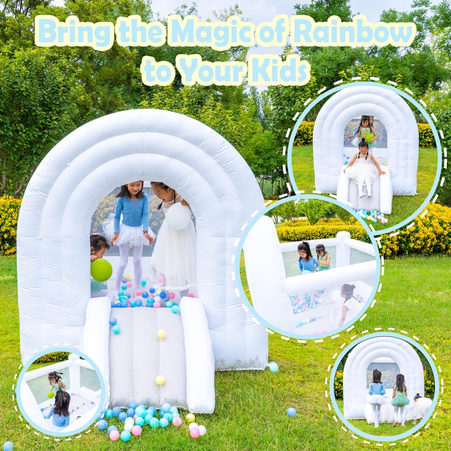 Hapyboucy Magic Rainbow Bounce House, White Bounce House With Slide, Blower Included, Kids Bouncy Castle Indoor Outdoor, 8 Ft L