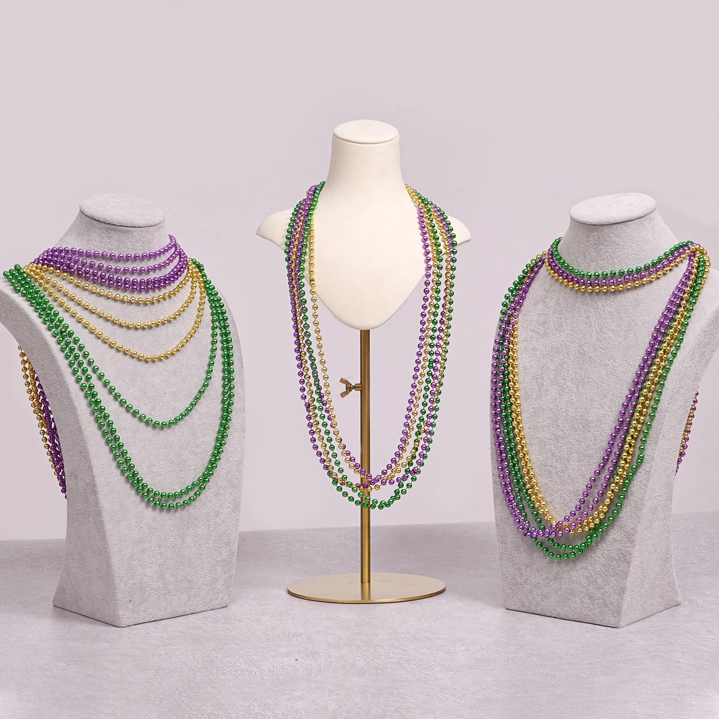 Biubumtu 30Pcs Mardi Gras Beads, Green Purple Gold 33'' Metallic Beaded Necklace Bulk Costume Stuff, Festival Parade Throw Acces