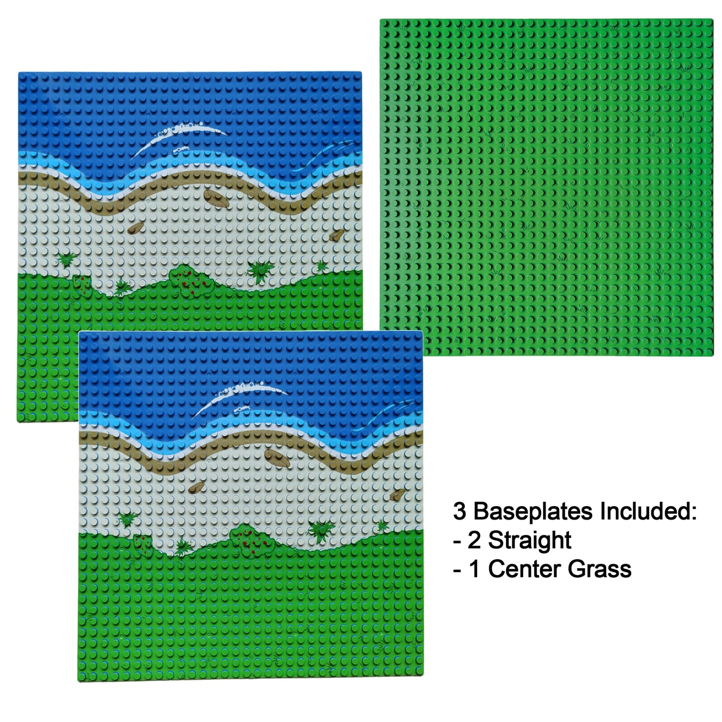 Island Building Block Base Plates Compatible With All Major Brands - 3 Pack Of Island Plates - 2 Straight & 1 Center Grass Addon To Expand You Island - 10 X 10 Inches Baseplate For Building Bricks