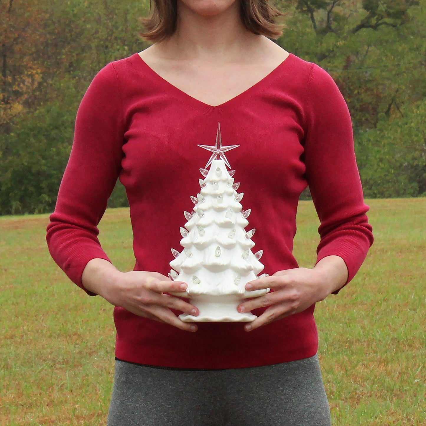 Milltown Merchants Ceramic Christmas Tree - 11.5" Lighted Vintage Tabletop Decor - White with Lights