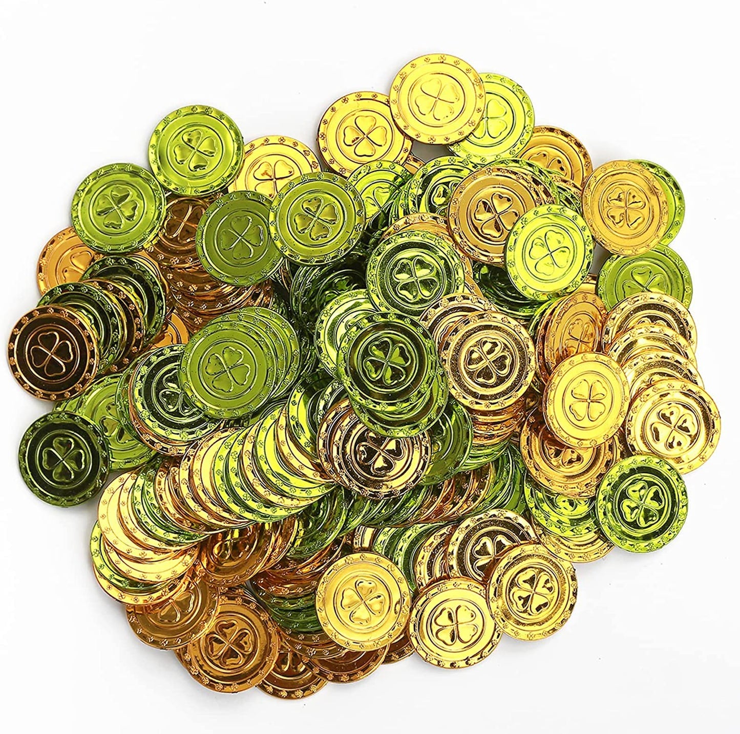 100pcs St. Patrick's Day 4 Leaf Clover Coins, Plastic Green and Gold Lucky Coins for Party Supplies St. Patrick's Day Decoration