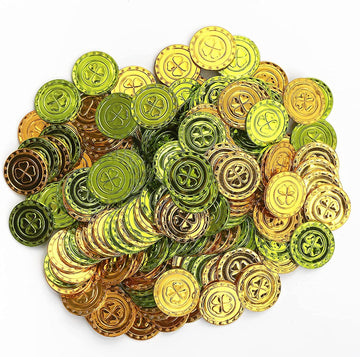 100pcs St. Patrick's Day 4 Leaf Clover Coins, Plastic Green and Gold Lucky Coins for Party Supplies St. Patrick's Day Decoration