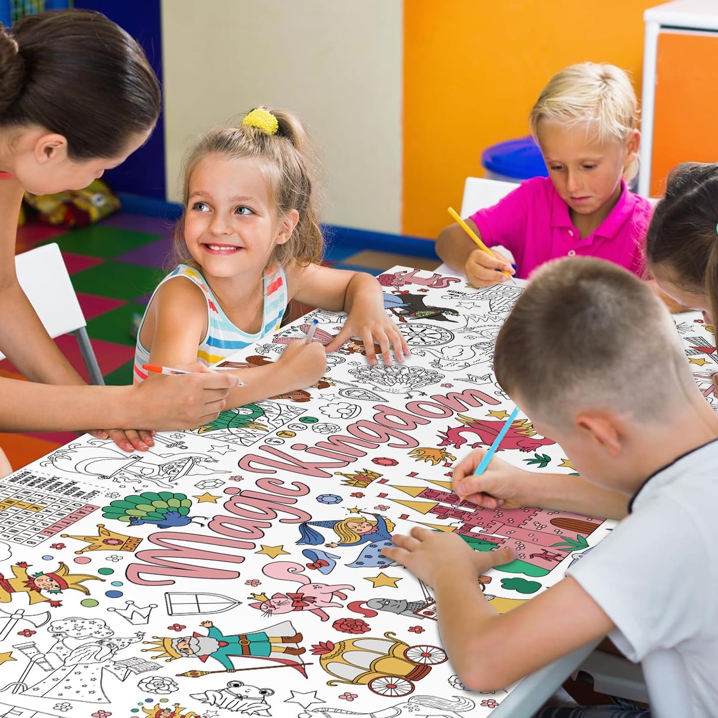 Magic Kingdom Giant Coloring Poster For Kids 30 X 72 Inch, Princess Large Coloring Poster Tablecloth, Fairy Themed Color-In Acti