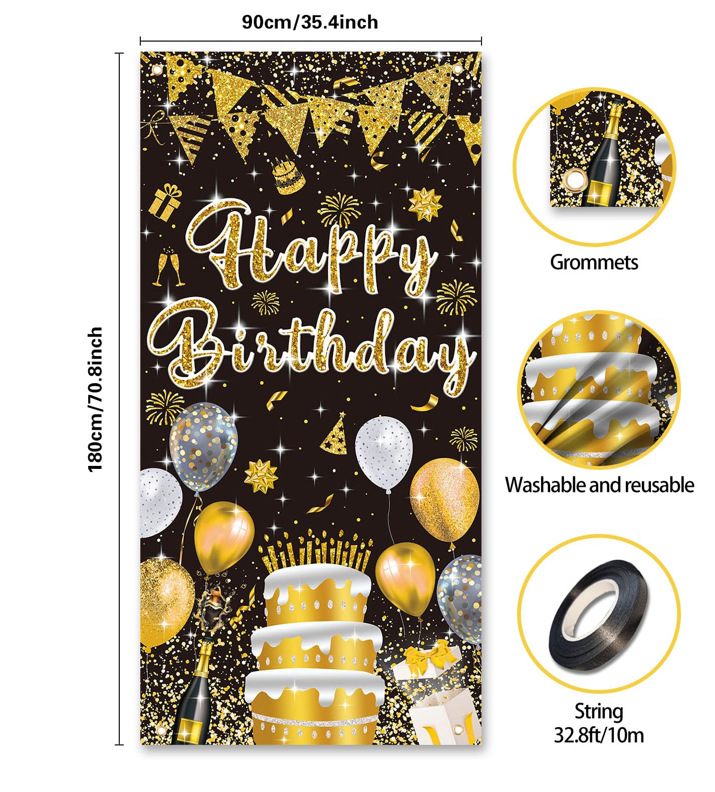 GYA 3x6ft Black Gold Birthday Door Banner Glitter Sequin Happy Birthday Background Cake Balloons Gifts Backdrops Girl Boy Men Wo