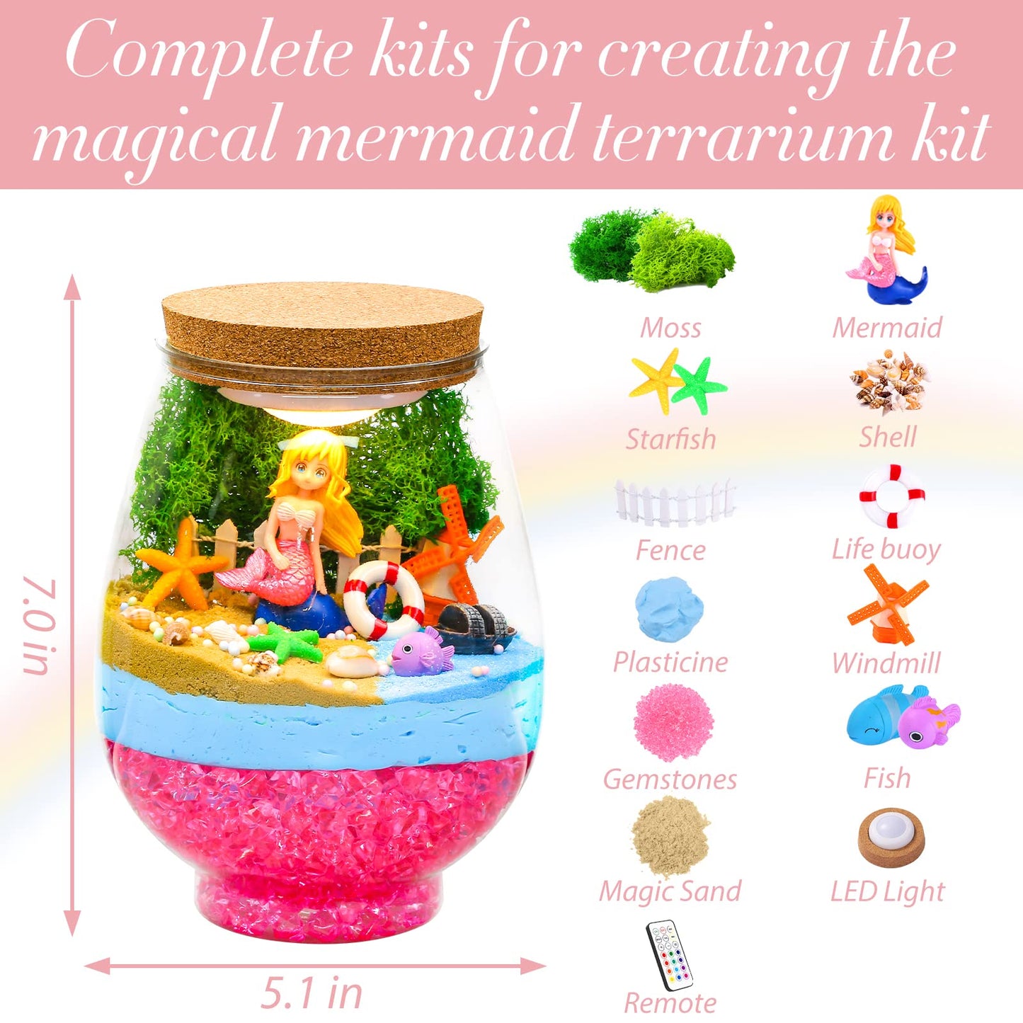 Magiclub Diy Light-Up Mermaid Terrarium Kit For Kids,Remote Mermaid Birthday Gifts Toy For Girls,Mermaid Craft Kit,Arts & Crafts Mermaid Gifts For Girls Age 4 5 6 7 8-12 Years Old,Bedroom Decor