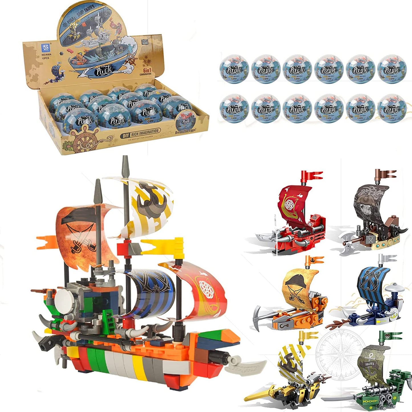 Auryee 12Pcs Pre Filled Easter Eggs With Ship Mini Building Block Toys - 6 In1 Ship Toys Sailboat Model Building Kits Hobby Toy For Kids Age 6+ Years Old