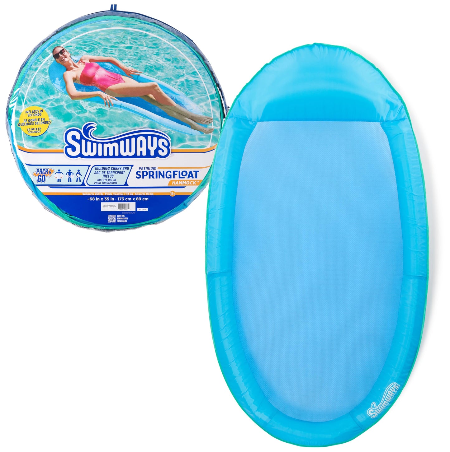 SwimWays Spring Float Premium Hammock Pool Lounger for Swimming Pool Inflatable Pool Floats Adult with Fast Inflation for Ages 15 & Up Sky Blue-New