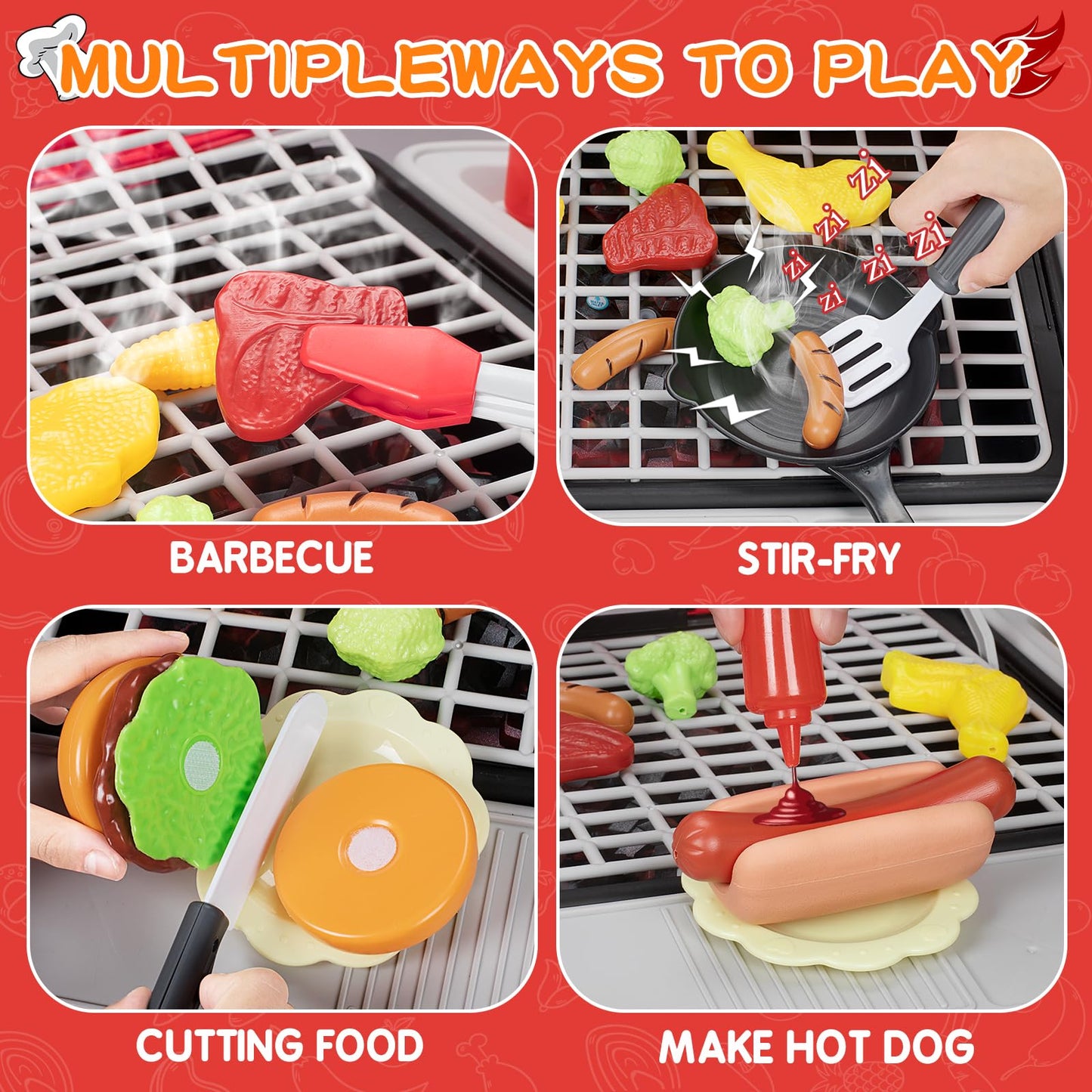 Bstoyder Kids Play Kitchen Toys, Kids BBQ Grill Kitchen Playset with Smoke, Sound & Light, Pretend Play Food Toys Cooking Set, 2