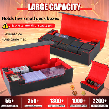 Trading Card Storage Box 2200+ MTG Deck Box Leather Magnetic Closure Commander Deck Box Holds 5 Small Deck Boxes Includes 1 Small Box 8 Dividers 1 Foam Stopper 1 Toploader Black/Red
