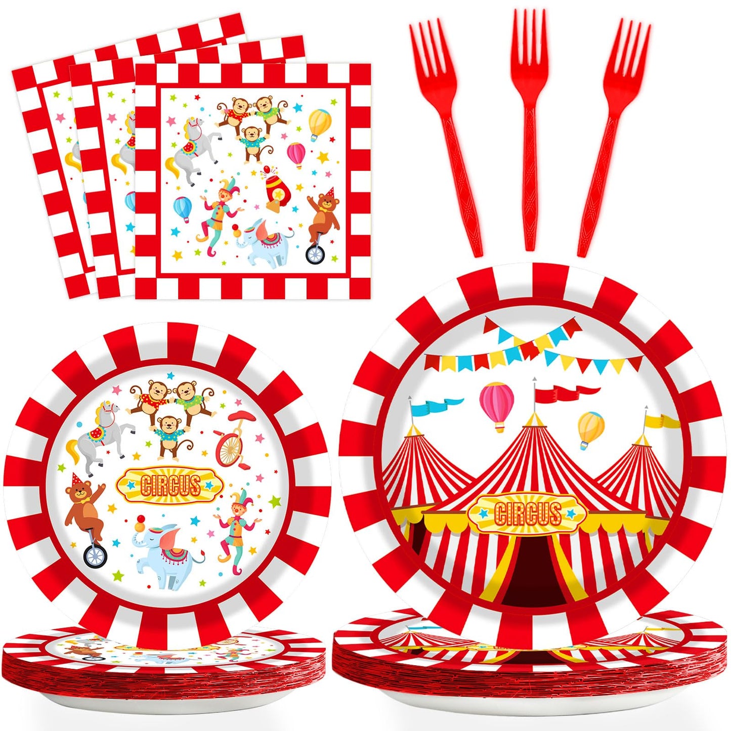 Gisgfim 96 Pcs Circus Party Supplies Paper Plates Napkins Carnival Party Disposable Tableware Set Birthday Decorations Favors Fo