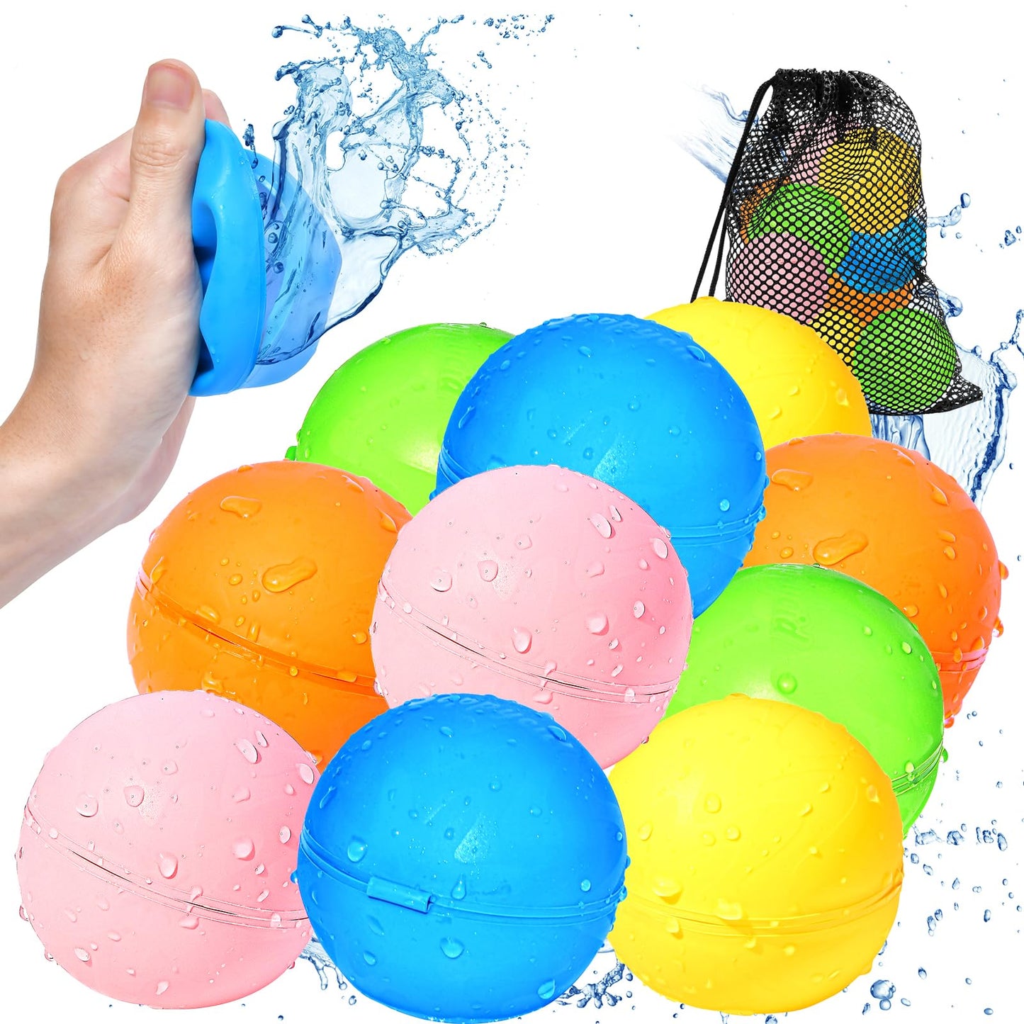 SOPPYCID Water Balloons Reusable Quick Fill - Self Sealing Silicone Water Balls for Kids with Mesh Bag, Outdoor Summer Fun Water