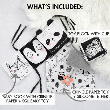 The Ultimate Tummy Time Toys Set Of 3 - Soft High Contrast Book, Toy Block, Crinkle Paper And Teether - Stimulating Black & White Sensory Development Toys For Newborns & Infants 0-3, 0-6 Months