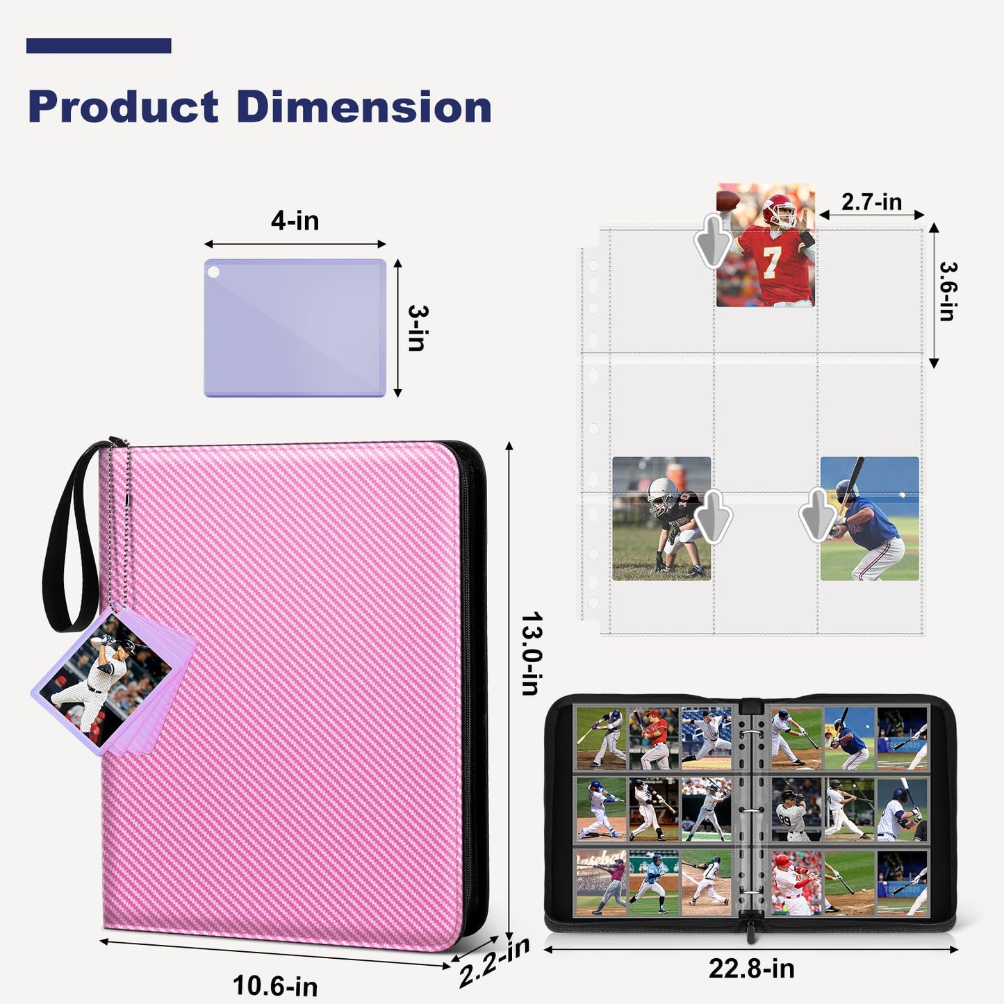 Mlikero Trading Card Binder 9 Pocket Card Binder with Card Display 720 Double Sided Pocket Sports Card Binder enhanced Card Binders Compatible with MTG TCG Baseball Cards(Pink)
