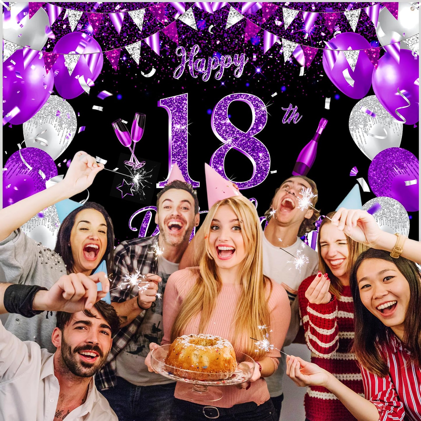 Purple 18Th Birthday Decoration Banner For Girls Large Black Purple Silver Happy 18Th Birthday Banner Purple And Black 18Th Background For 18Th Birthday Anniversary Party Supplies