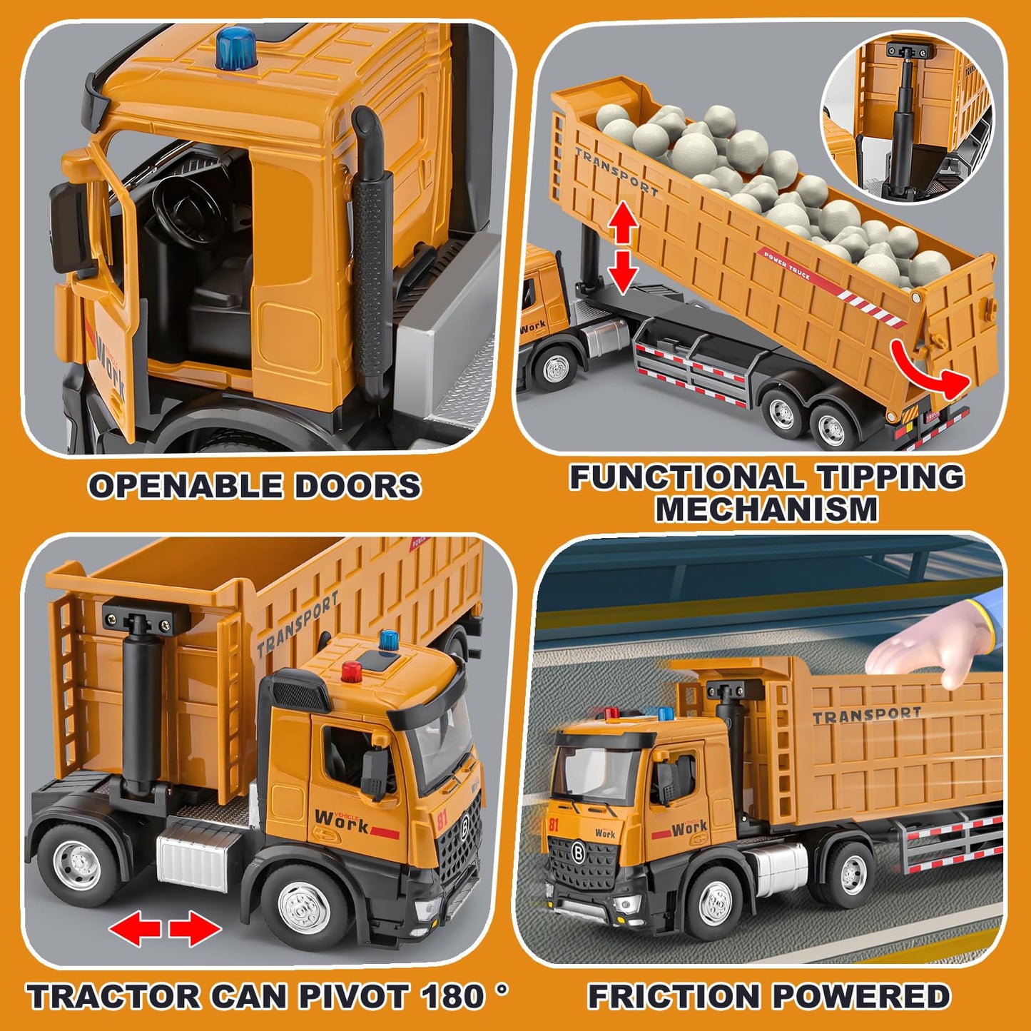 HAPYAD Dump Truck Toy for 3 4 5 6 7 Years Old Boys, Large Semi Truck with Metal Cab, Lights and Sounds, Friction Powered Tractor