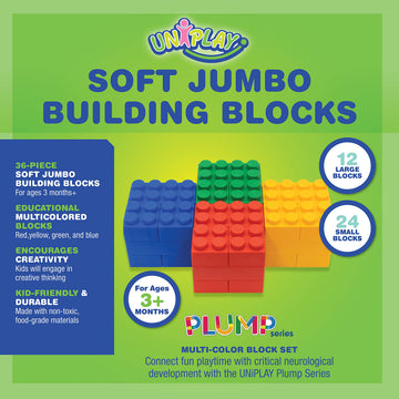 Uniplay Plump Soft Building Blocks - 36-Piece Jumbo Stacking Multicolor Set For Early Cognitive Development And Creative Play - Ages 3 Months+