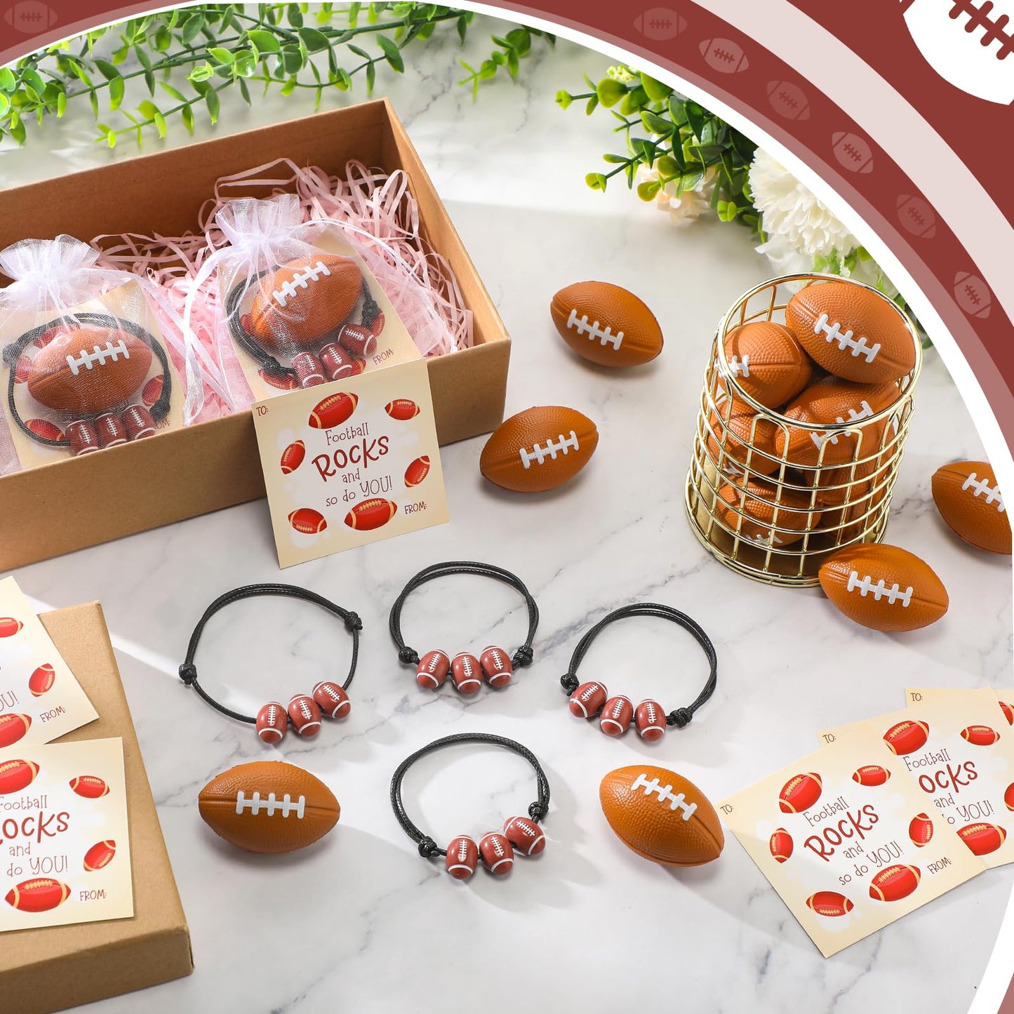 Foilswirl 18 Sets Valentines Day Football Gifts Mini Stress Balls Bracelets with Cards Football Team Gifts Party Favors for Val
