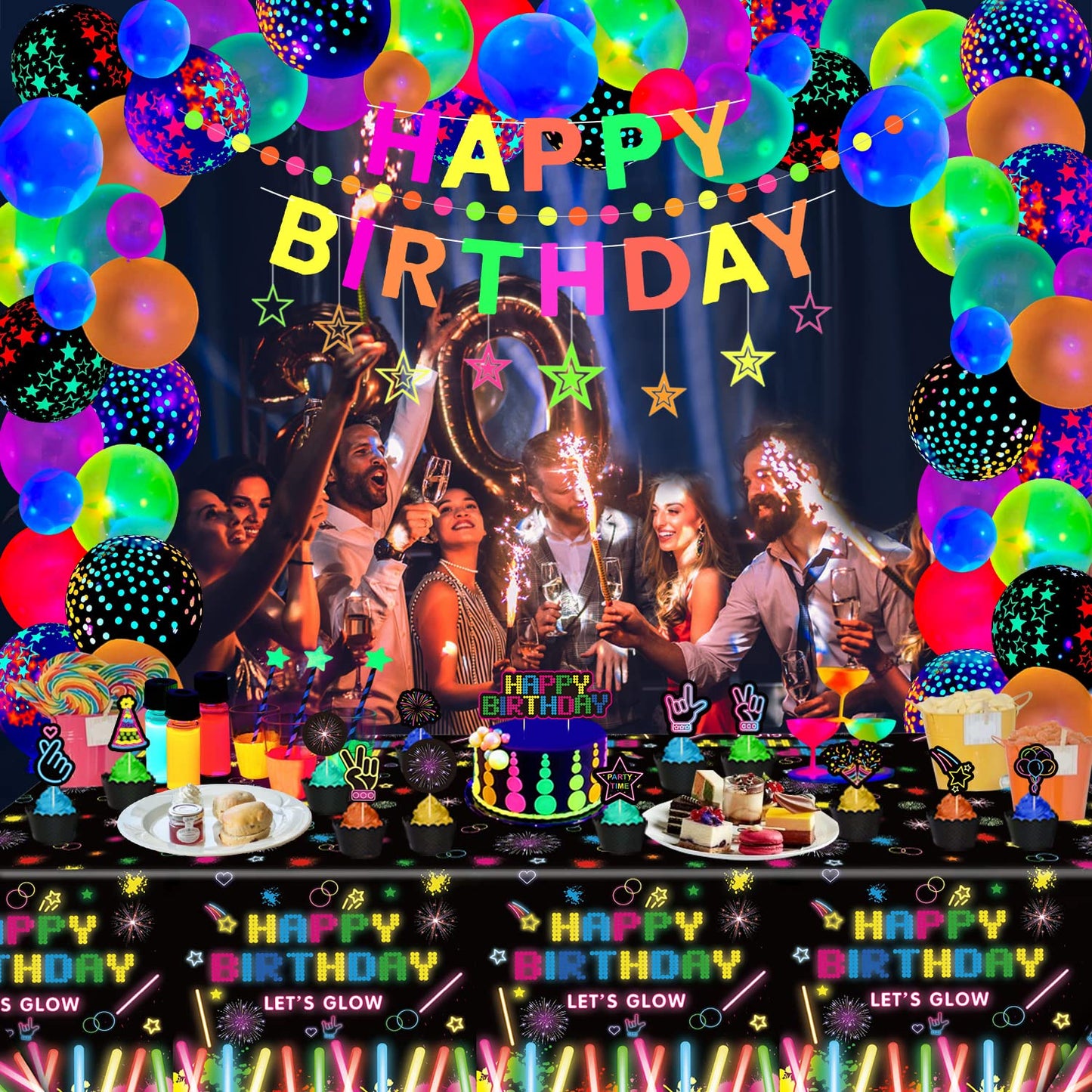 80 Pack Glow Neon Party Supplies Glow Party Decorations Black Light Reactive Decor Set - Fluorescent Banner, Blacklight Garland,