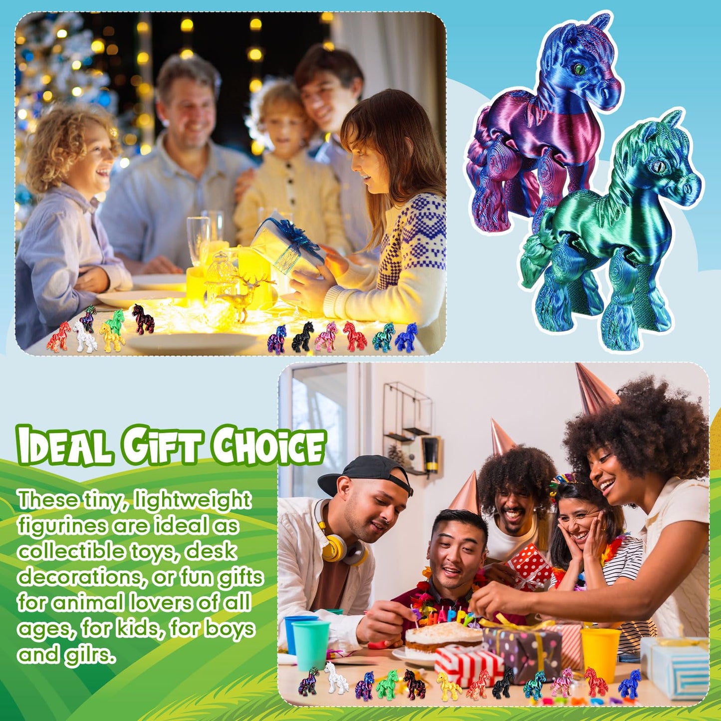 Honoson 12 Pcs 3D Printed Fidget Toy 3D Printed Horse Small Animal Toy Flexible Cute Articulating Pet Stress Relief Fidget Toys