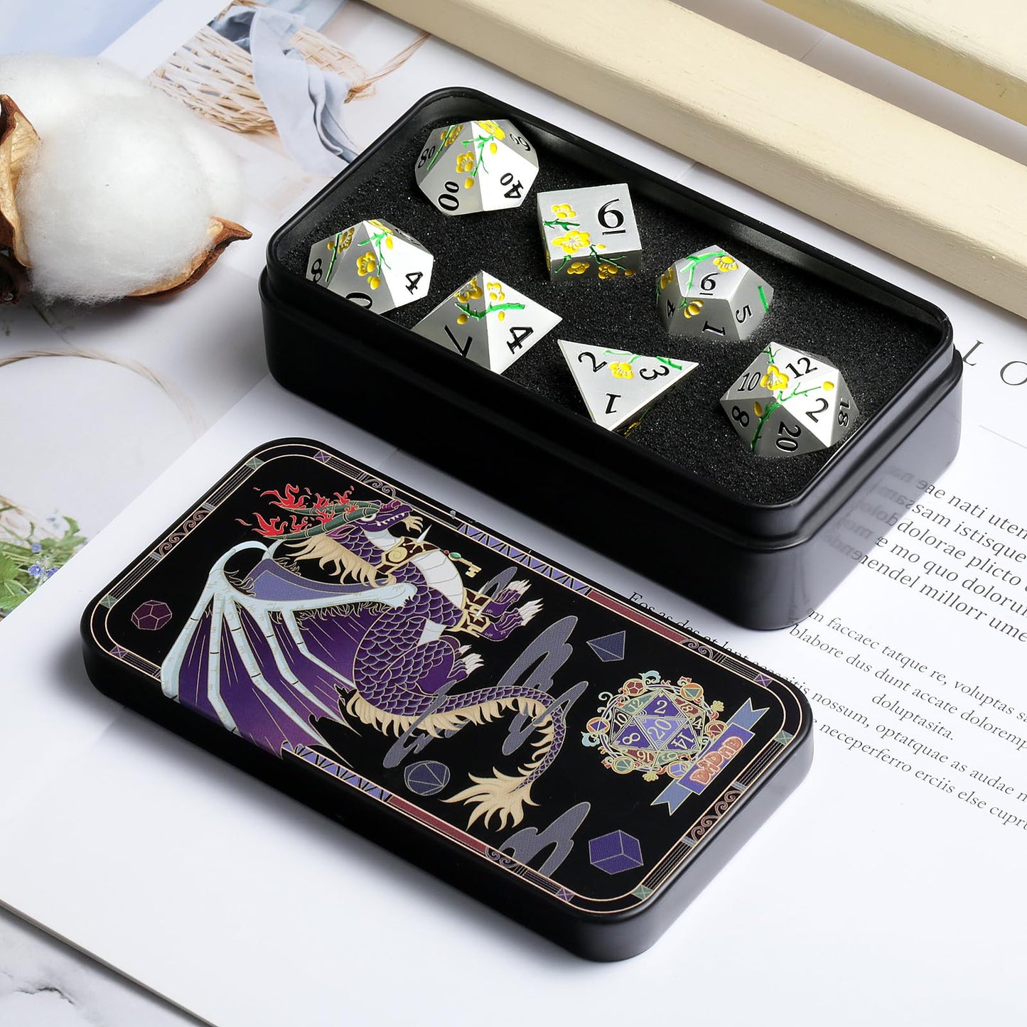 Silver Metal DND Dice, DNDND 7 PCS Heavy Flower Metallic D&D Dice Set with Grogeous Gift Case for Dungeons and Dragon Tabletop G