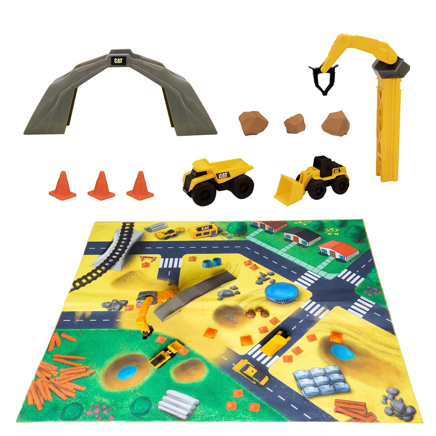 CAT Construction Toys, CAT Little Machines Vehicles Play Mat with Collectible Construction Vehicles, Sensory Toys for Kids Ages