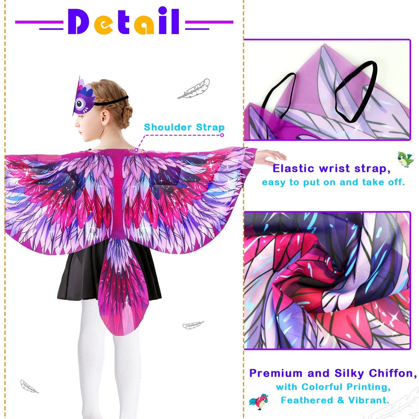 Irolewin Bird-Wings-Costume For Kids And Headband, Eagle-Parrot Dress-Up-Wings For Girls Boys Halloween-Party Favors (Purple)