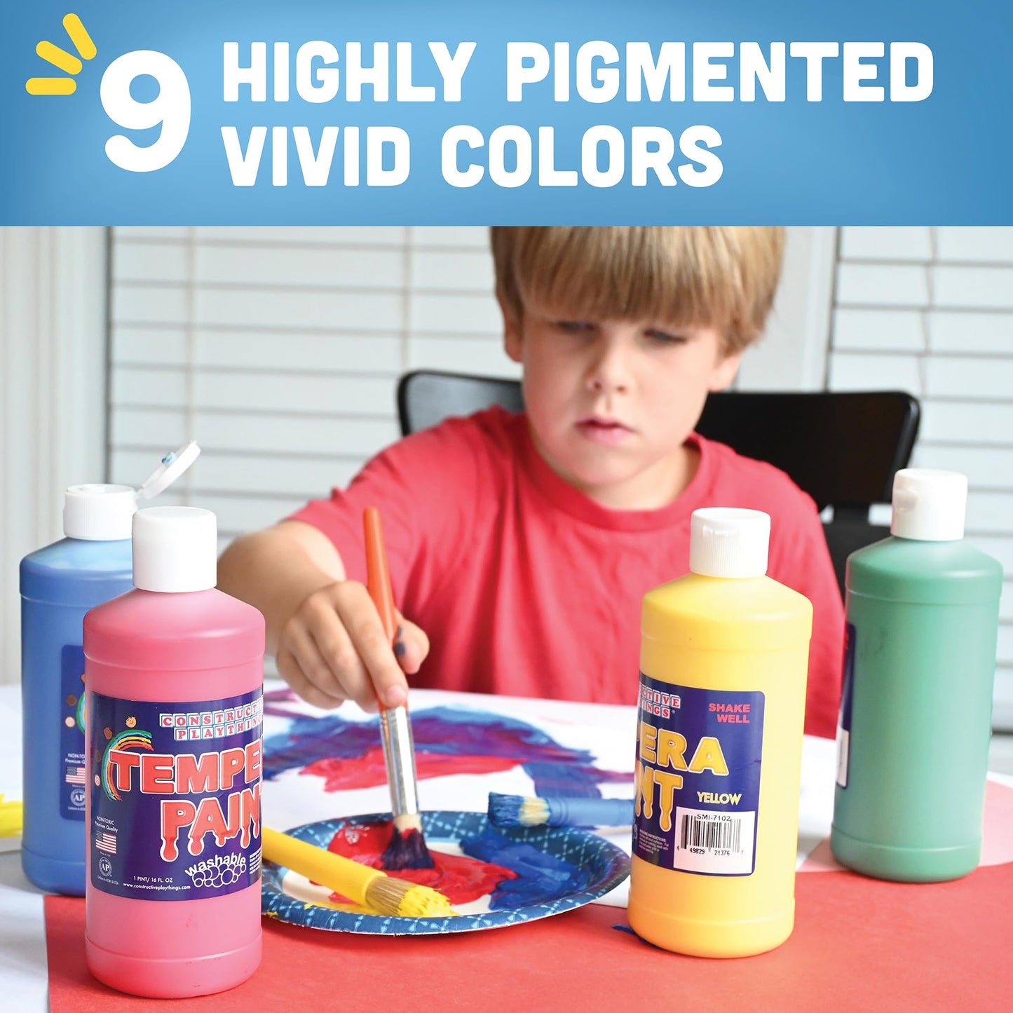 Constructive Playthings Kids 9-Color Tempura Paint Pint Set, Set Of 9 Bright Washable Paint Pints For Classrooms And Diy Crafts, Multicolor