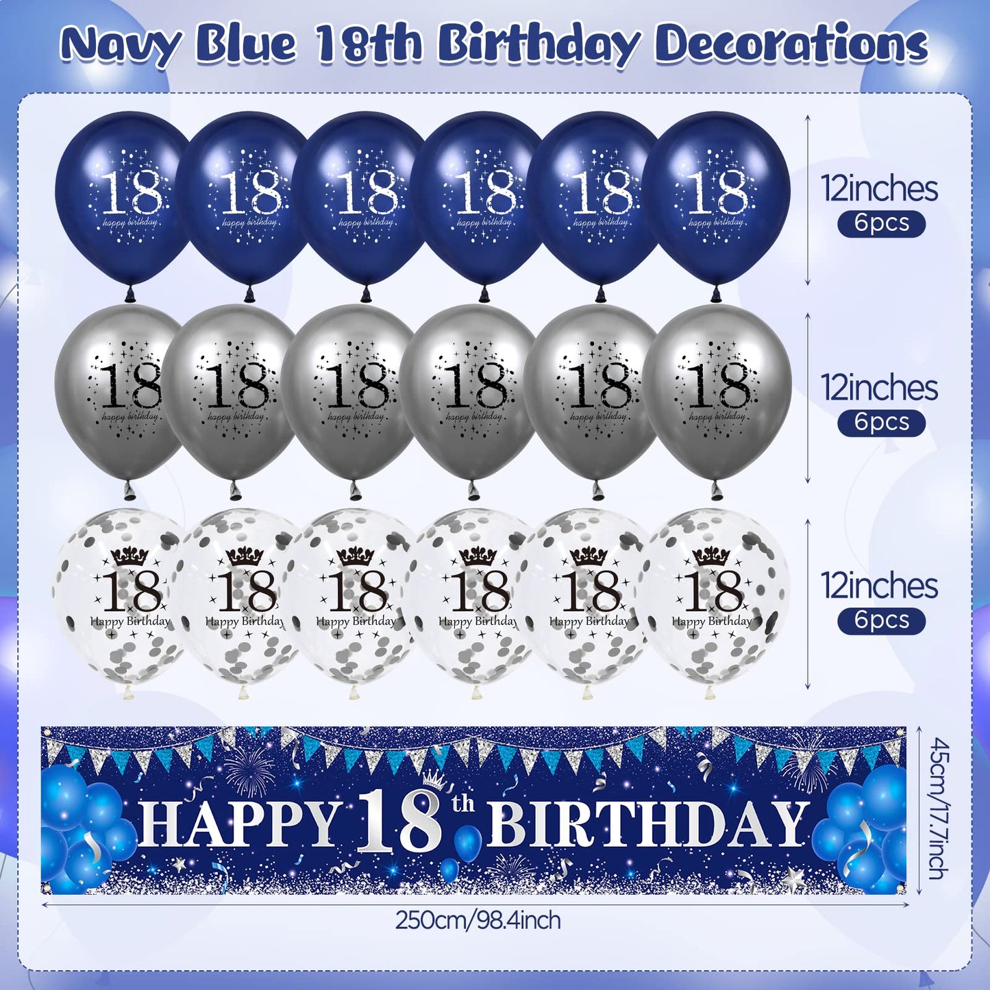 Blue 18Th Birthday Decorations For Boys Girls, Navy Blue Silver Happy 18Th Birthday Yard Banner And 18Th Birthday Balloons For 18Th Birthday Anniversary Party Supplies, Eighteen Year Old Party Decorations