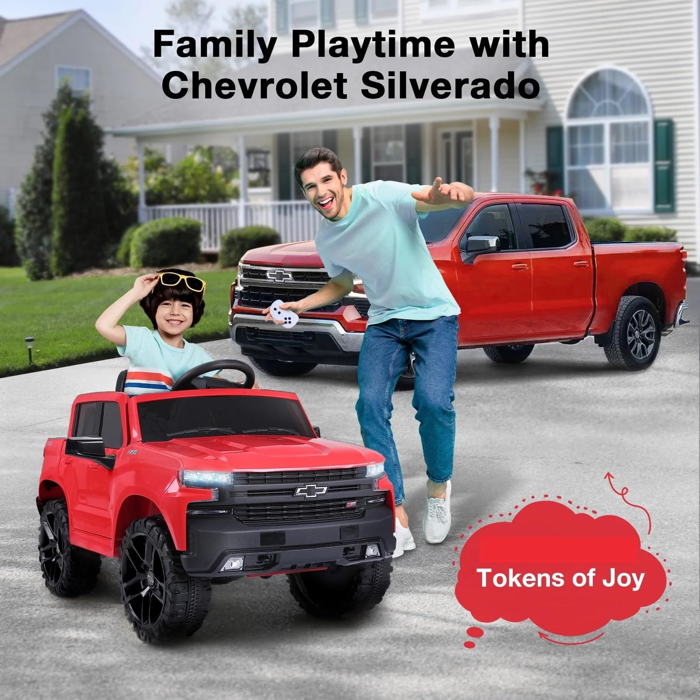 FUNTOK Licensed Chevrolet Silverado Ride On Pickup Truck, 12V Electric Car for Kids w/Parent Remote Control, Truck Bed Storage,