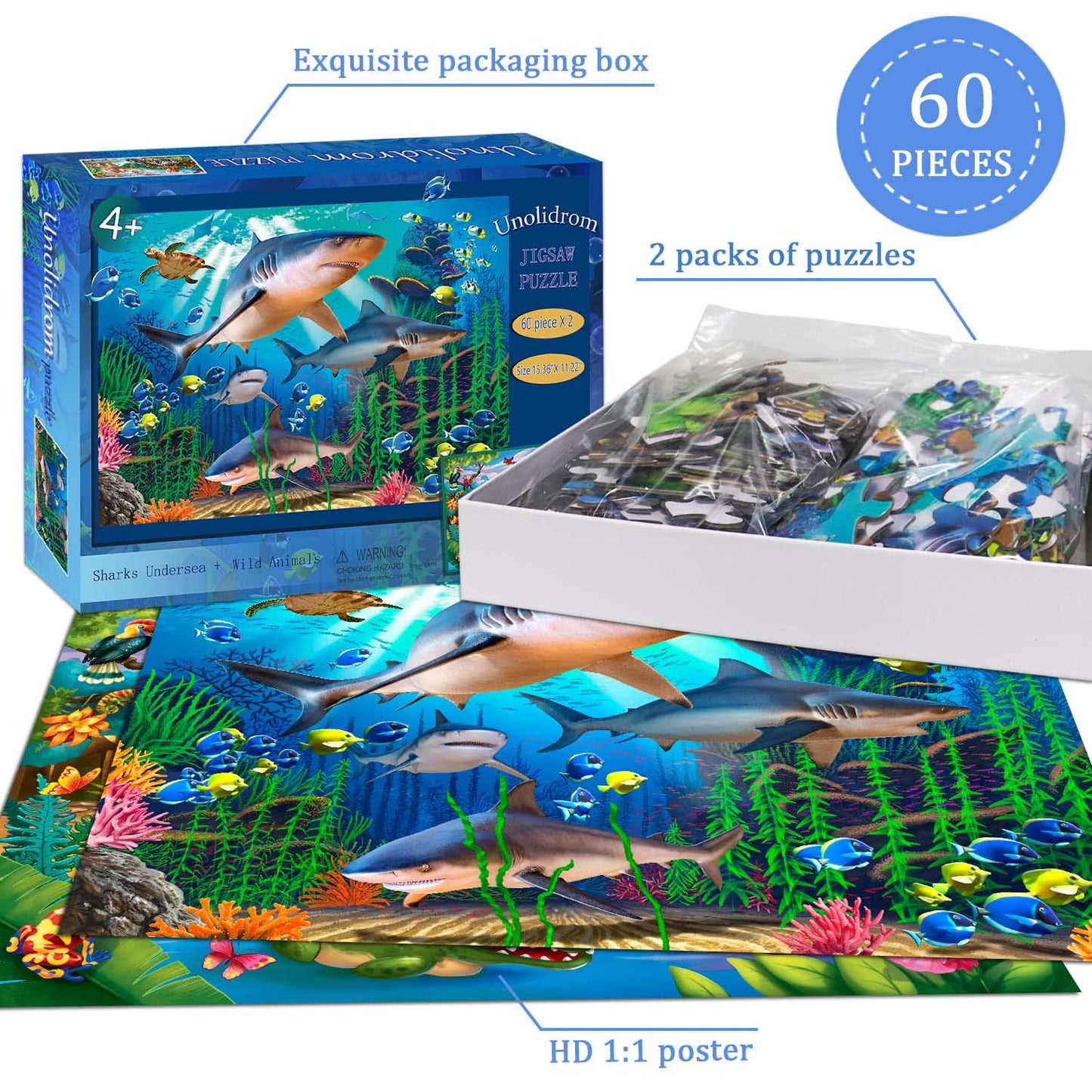 Puzzles For Kids Ages 4-8 - 2 X 60 Pieces Puzzles For Kids Ages 3-5 6-8 - Toy For Learning Ocean & Forest Animals - Educational