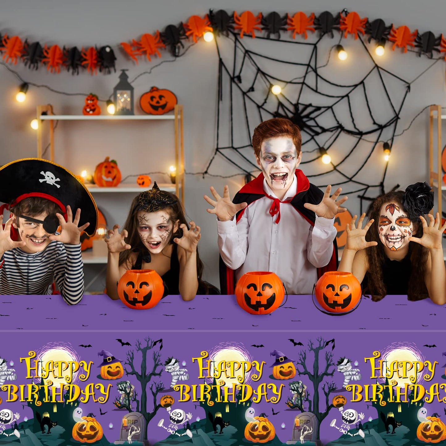 3 Pieces Happy Birthday Halloween Tablecloths Halloween Party Supplies Birthday Halloween Plastic Table Cover For Birthday Halloween Party Favors Supplies Decoration