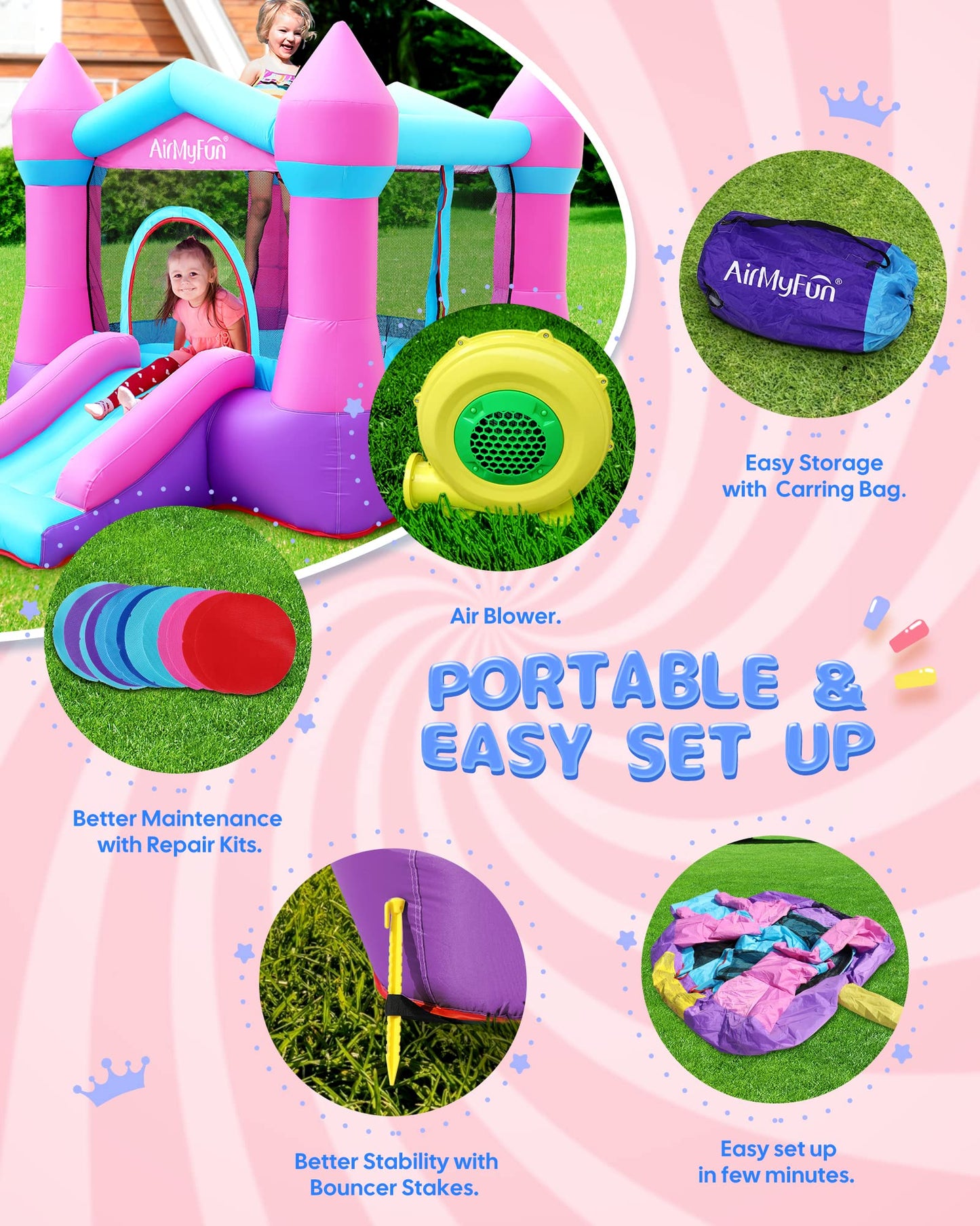 Airmyfun Pink Inflatable Toddler Bounce House With Blower, Indoor/Outdoor Jumping Castle For Kids 3-8, Inflatable Bouncy House With Slide, 82011B