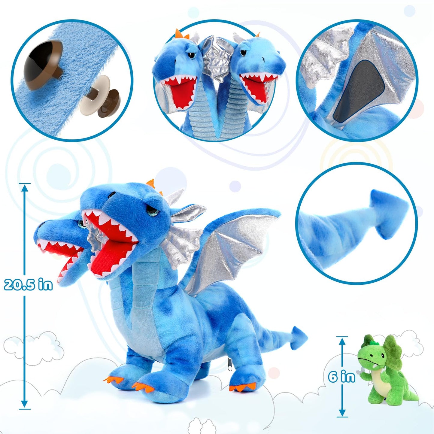 Tezituor Double Headed Dragon Stuffed Animals, 5 PCs Stuffed Dinosaur Plush Toys Set, Mommy Dragon with 4 Baby Dinosaurs Plushie