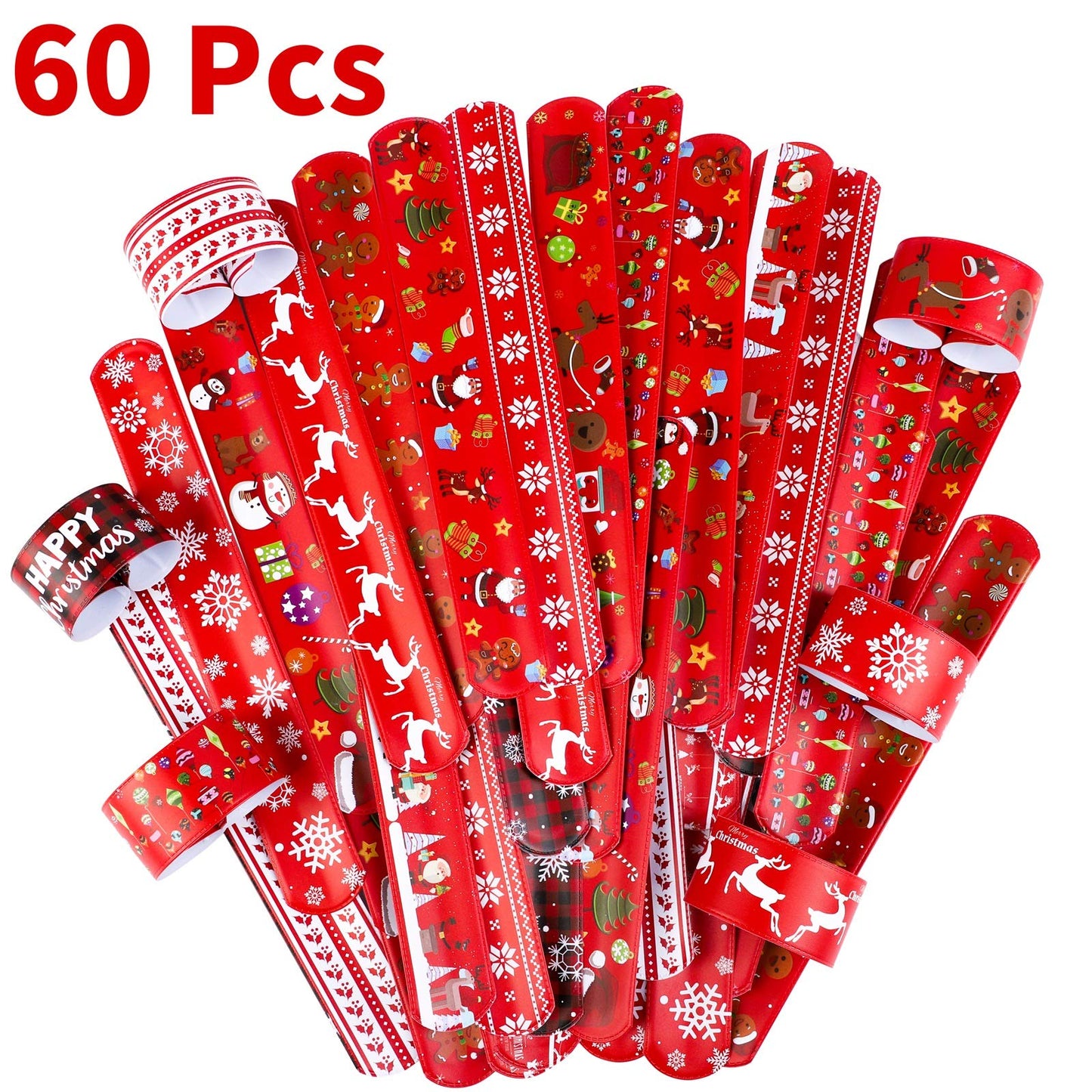 Elcoho 60 Pack Christmas Slap Bracelets Toys Xmas Slap Bands Santa Claus Snowman Reindeer Slap Wristband for Christmas Party Fav