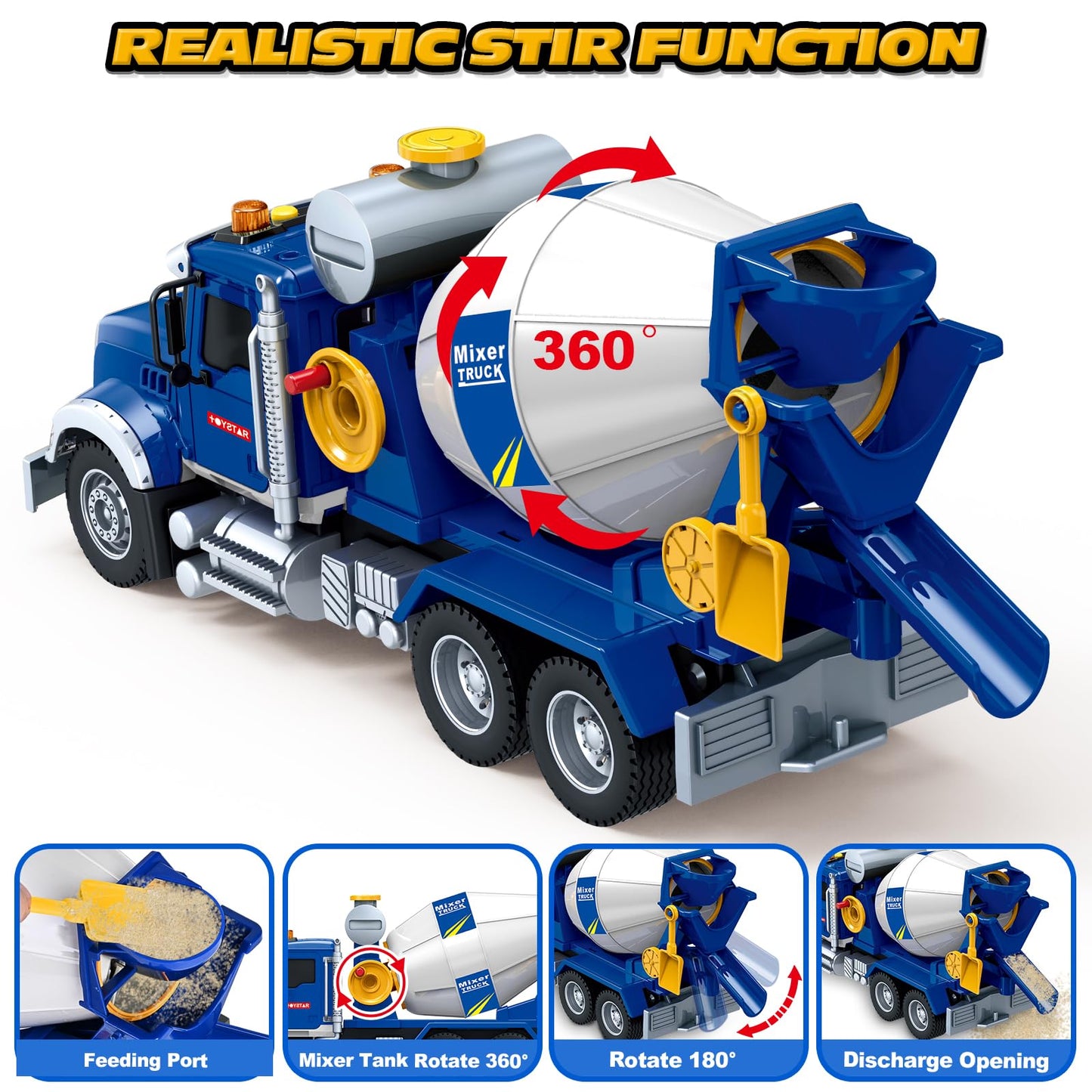 Kids Toys for 3 4 5 6 7 8 Years Old Boys, 15'' Large Cement Mixer Truck Toy with Lights, Sounds, Blue Toddler Friction Powered T