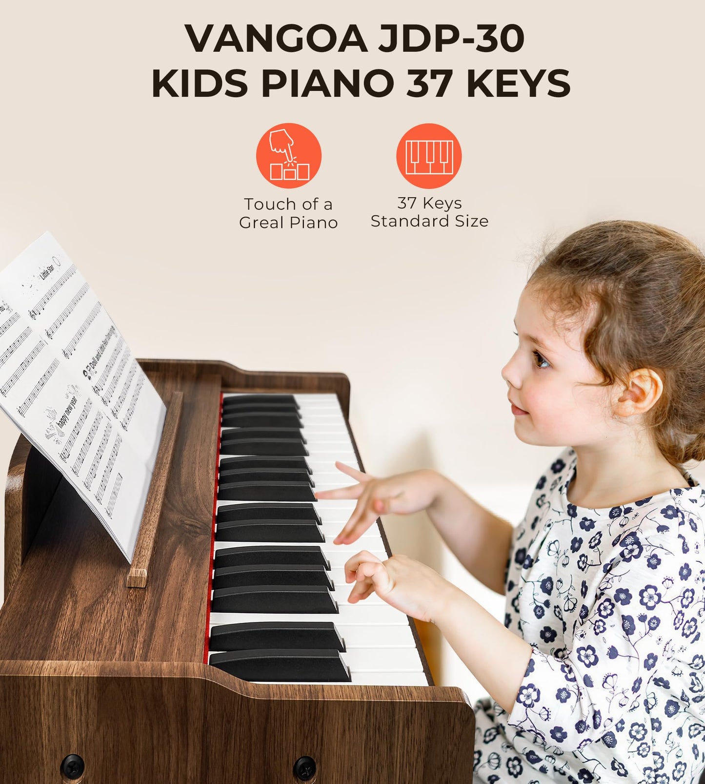 Vangoa Kids Piano Keyboard, 37 Keys Digital Piano for Kids, Music Educational Instrument Toy, Wood Piano for Girls and Boys, Dar