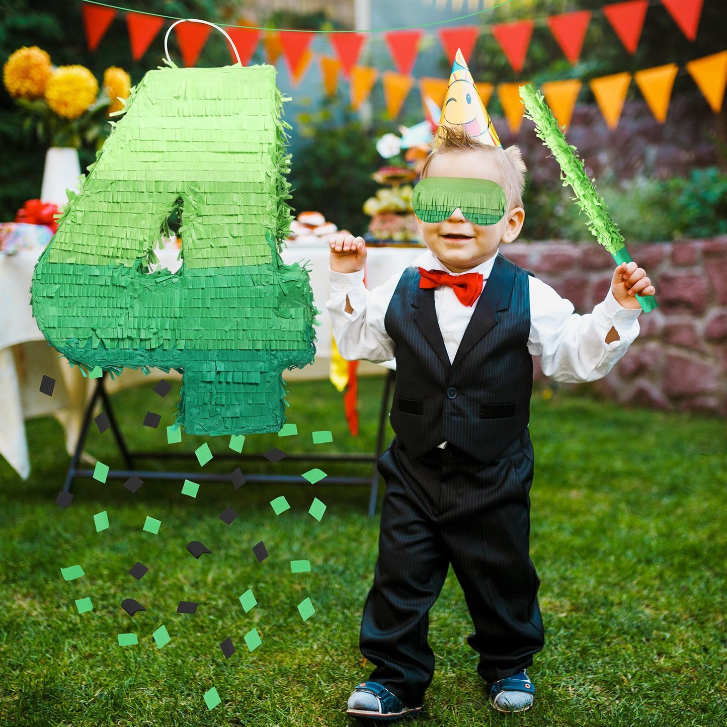 WinnerWhy Number Piata Decorations 16 Inch Gradient Green Number Piata with Blindfold Stick and Confetti for Birthday Baby Showe