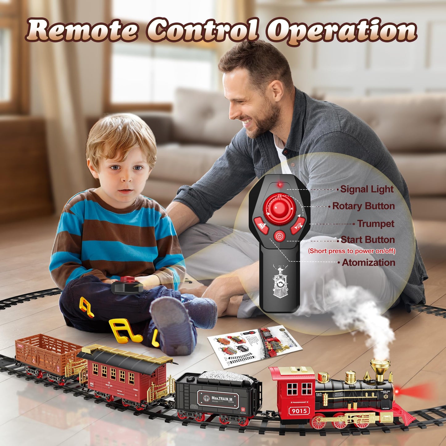 Hot Bee Train Set - Train Toys With Remote Control Trains For Boys With Smokes, Lights And Sound,Toy Train Set For Under Christmas Tree, Toddler Model Trains For 3 4 5 6 7 8+ Years Old Kids