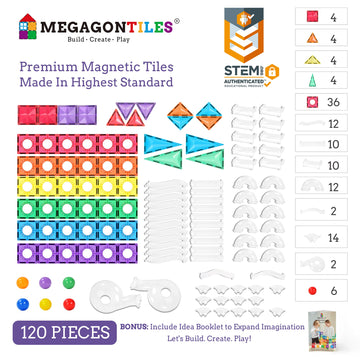 Megagontiles 120Pcs Premium Magnetic Tiles Marble Run|Magnet Tiles|Stem Authenticated|Magnetic Blocks|Magnetic Building Blocks|Magnets For Kids|Magnetic Tile Toy |Boys Girls Age 3 4 5 6 7 8