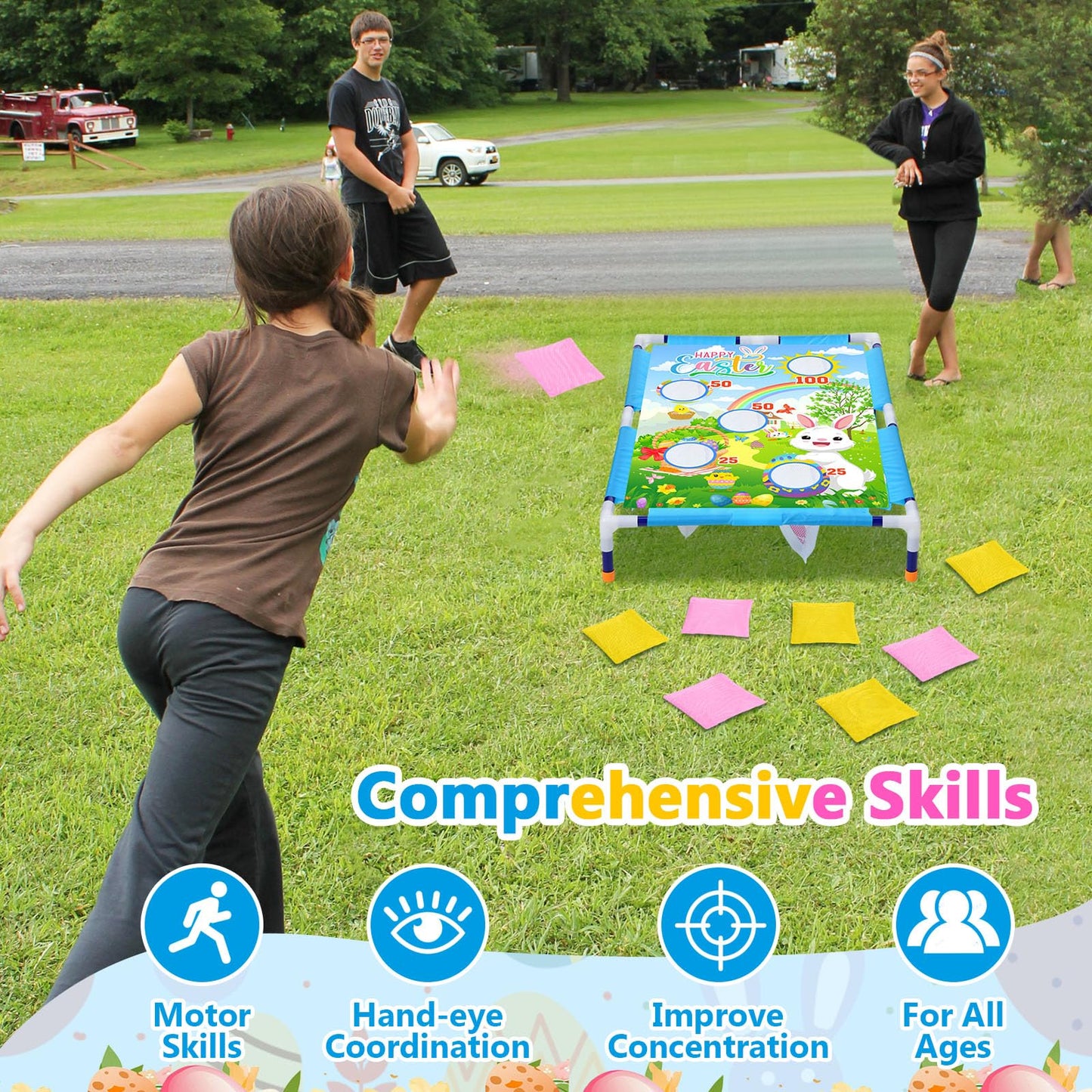Gemscream Easter Bean Bag Toss Games With 6 Bean Bags Bunny Portable Pvc Framed Cornhole Game Set For Easter Family Holiday Birt