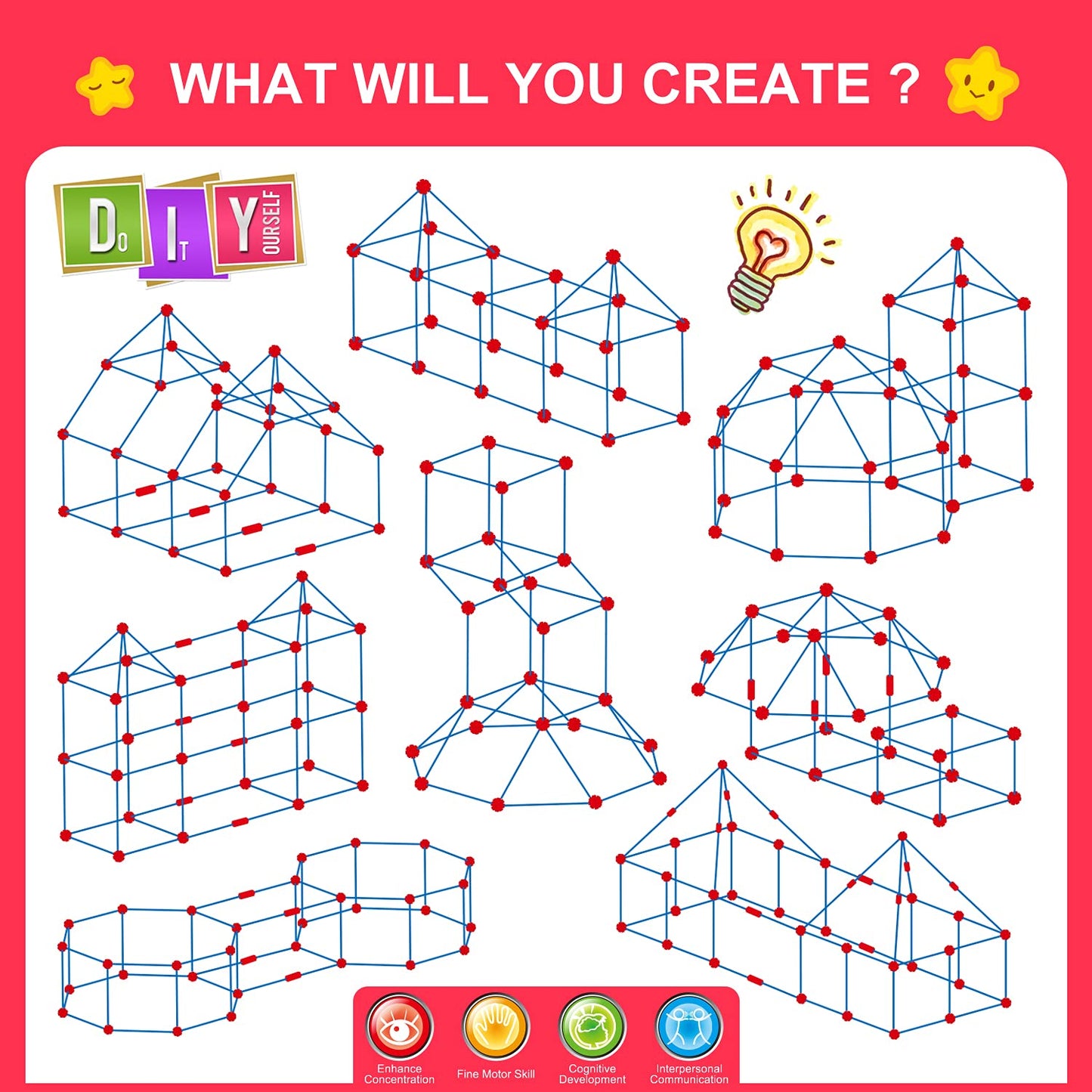 Fort Building Kit For Kids,Stem Construction Toys, Christmas & Birthday Gift For 4 5 6 7 8 9 10 11 12 Years Old Boys And Girls,Ultimate Creative Set For Indoor & Outdoors Activity,140 Pcs,Original