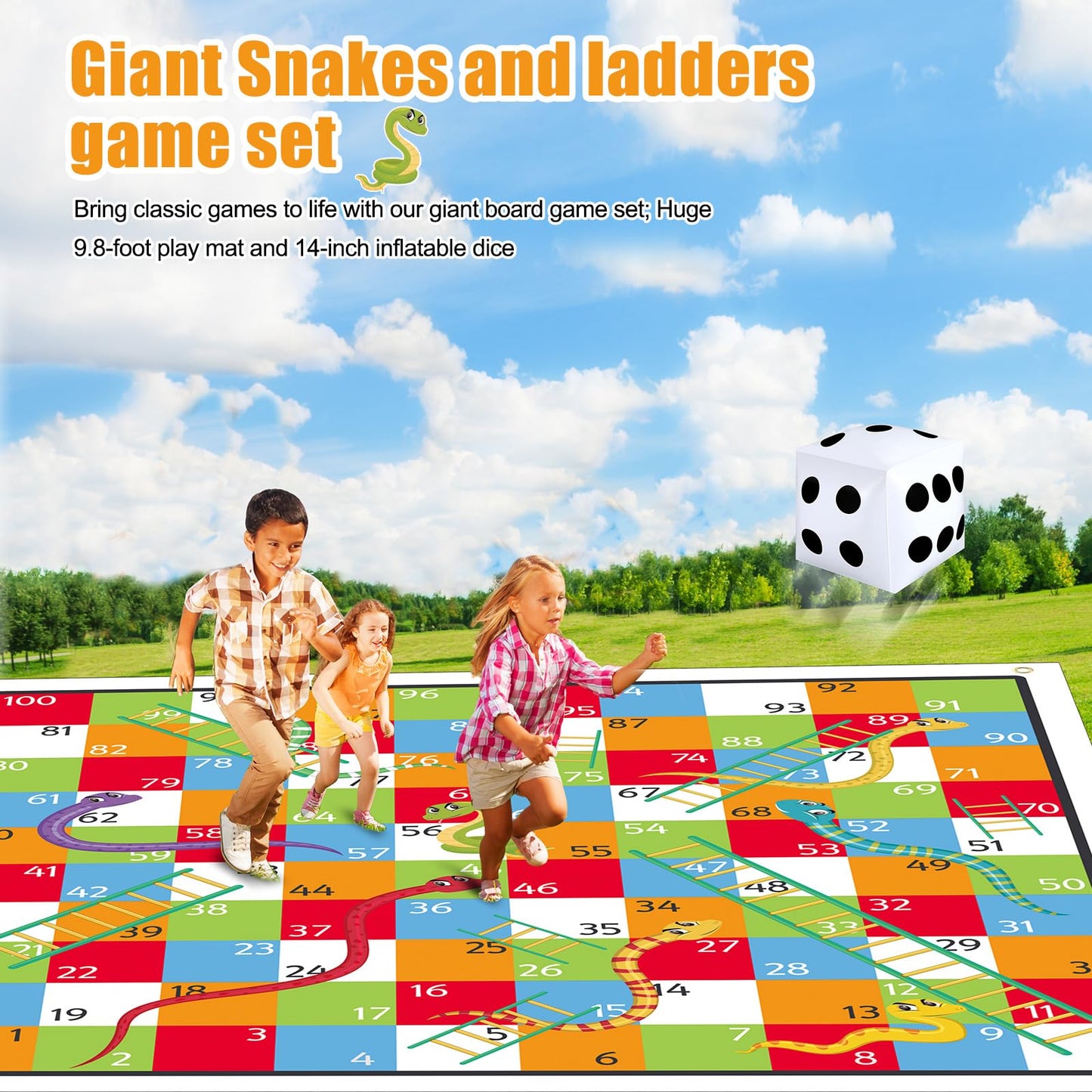Realspring 9.8 Ft Giant Snakes And Ladders Game Playing Mat With 6 Nails 14 Inch Inflatable Dice And Storage Bag Floor Snake And