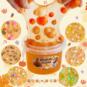 Brown Slime Kit, Clear Slime Bucket With Pumpkin Slime Clay & Turkey Slime Add-Ins, Slime Party Favors For Kids, Sensory Toys Gi