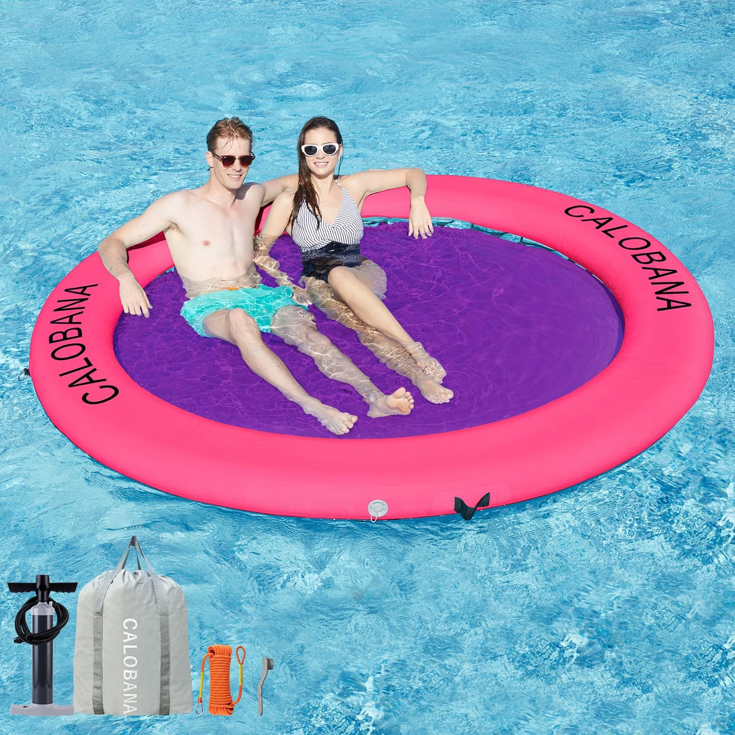 CALOBANA 8ft Floating Dock, Round Inflatable Water Hammock Heavy Duty Floating Ring Island Platform for Adults Party Tanning Poo