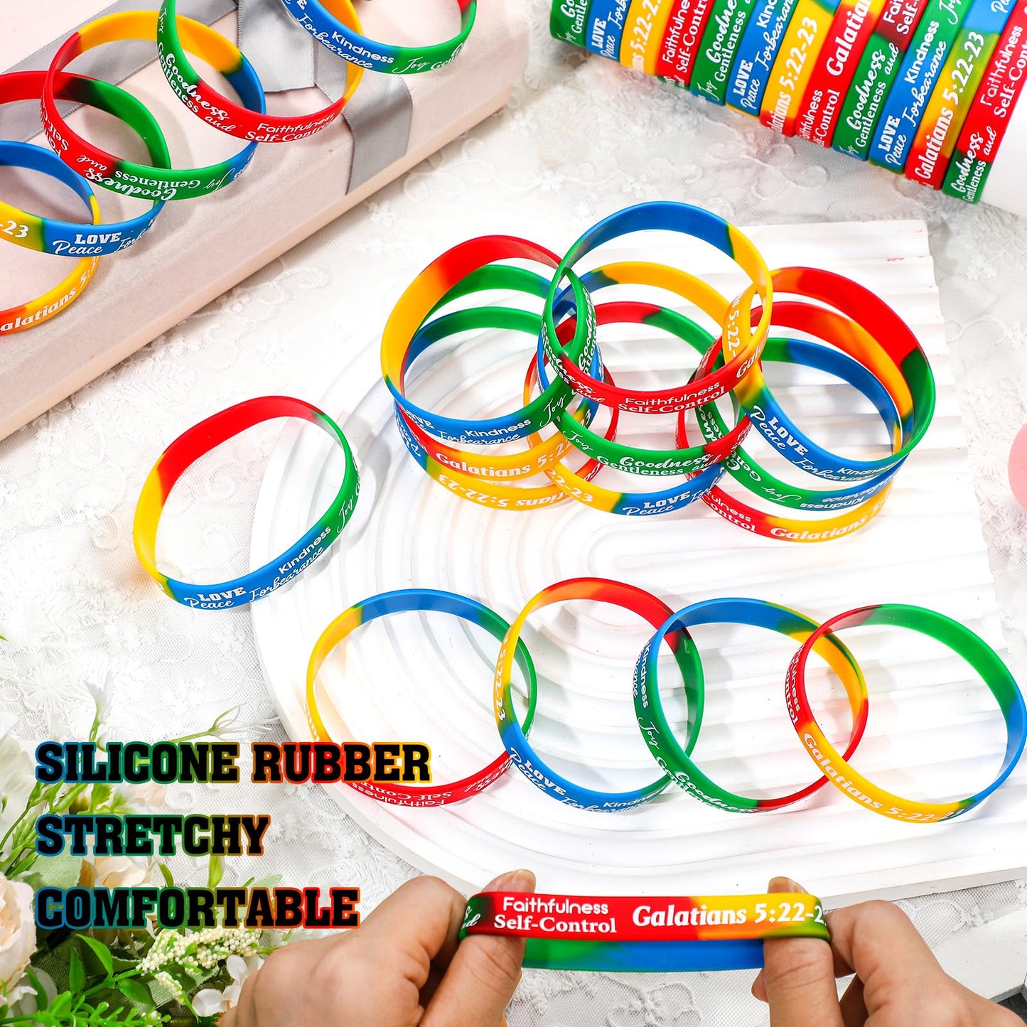 Huquary 48 Pcs Fruit of the Spirit Bracelet Inspirational Scripture Christian Silicone Bracelets Bulk Religious Motivational Lov