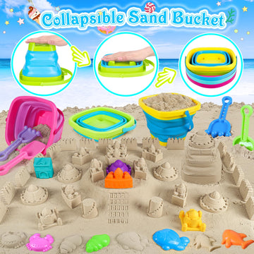 Collapsible Beach Toys For Kids Toddlers, 3 Foldable Buckets And Shovels Set, Sand Castle Building Kit, Ice Cream Travel Sand To