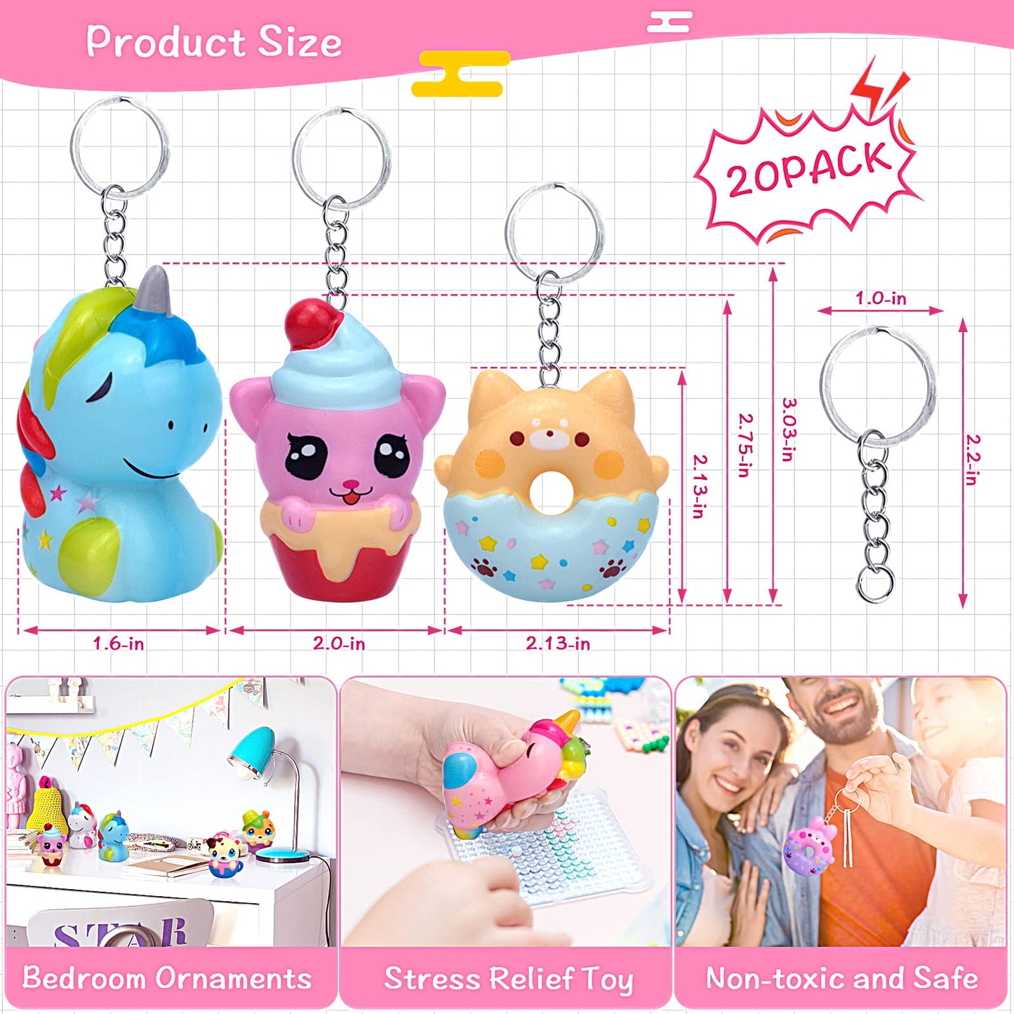 Pokonboy 20 Pack Jumbo Squishies Keychain, Cream Scented Slow Rising Squeeze Toys Unicorn Donut Animal Stress Relief Toys Easter Basket Stuffers Birthday Party Favor For Boys And Girls Age 3+