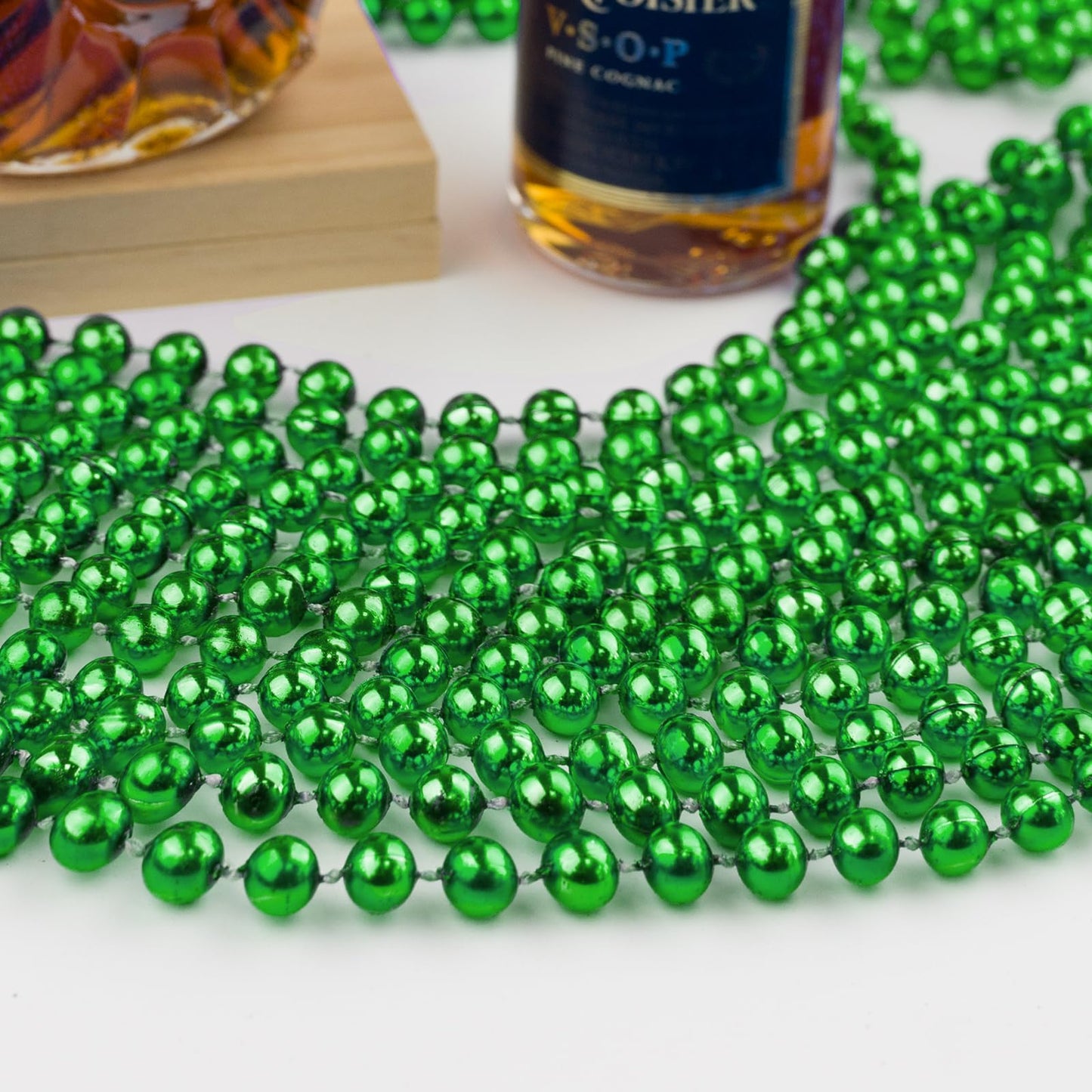 SHAOQINLIN 24 Pcs 33 Inch 7 mm Metallic Green Bead Necklaces, Mardi Gras Beads Necklace St. Patrick's Day Bead Necklaces Bulk fo